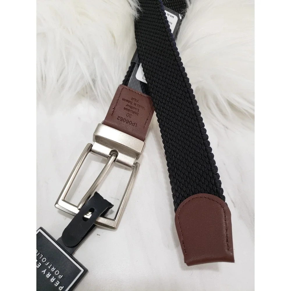 NEW SIZE 30 REVERSIBLE Perry Ellis Mens Canvas BLACK BLUE STretch belt golf prep